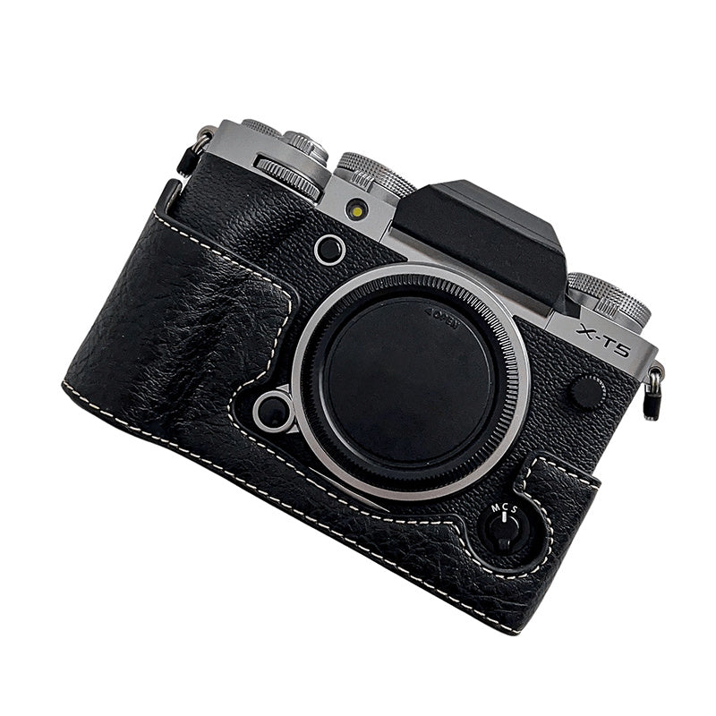 For Fujifilm X-T5 Buffalo Texture PU Leather Camera Bottom Case Flannel Lining Half Body Protective Cover with Battery Opening For Fujifilm X-T5 Buffalo Texture PU Leather Camera Bottom Case Flannel Lining Half Body Protective Cover with Battery Opening